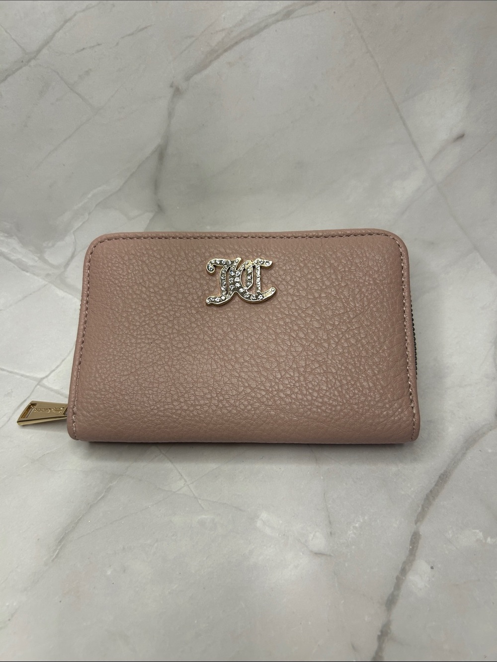 Juicy Couture Blush Pink Pebbled Leather Zip Wallet with Crystal Logo